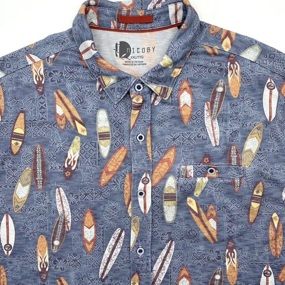 Nicoby Button Down Shirt Mens XXL Blue Surfboard Print Short Sleeve Modal Blend